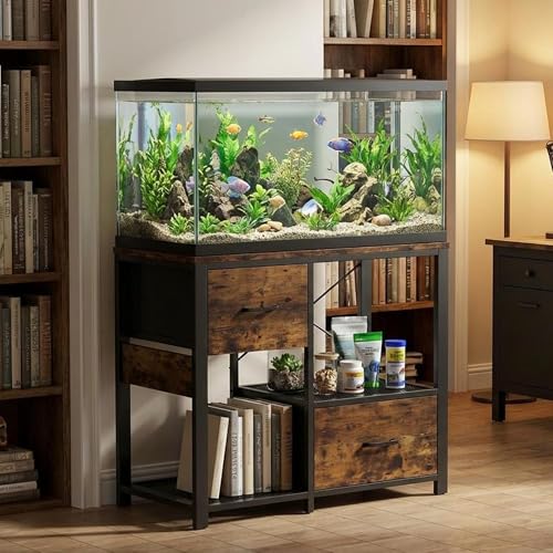 Garvee 20-29 Gallon Fish Tank Stand with Power Outlets, Heavy Duty Metal and Wood Aquarium Stand with 4-Tier Open Storage Shelves and Sturdy Legs - color: Brown, size: 31.5