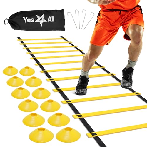 Yes4All Agility Ladder Speed Training Equipment, Adjustable Football Ladder for All Ages with Carry Bag, Durable, Portable, Multiple Colors & Rungs - color: K.Combo Yellow Ladder & 12 Soccer Cones