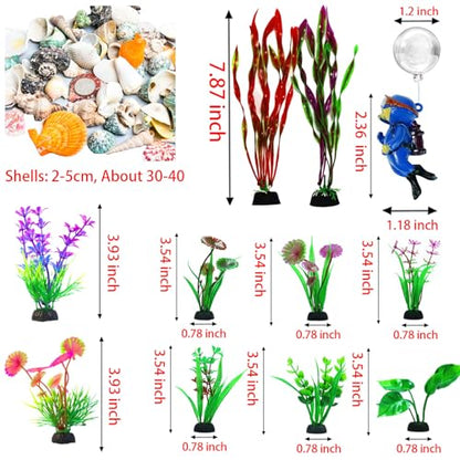 Aquarium Accessories - Resin Sunken Warship Ornament Set, Fish Castle | Betta Fish Hideout Cave, 10 Artificial Aquatic Plants, 30-40 Seashells, 1 Floating Diver, Fish Tank Shipwreck Accessories
