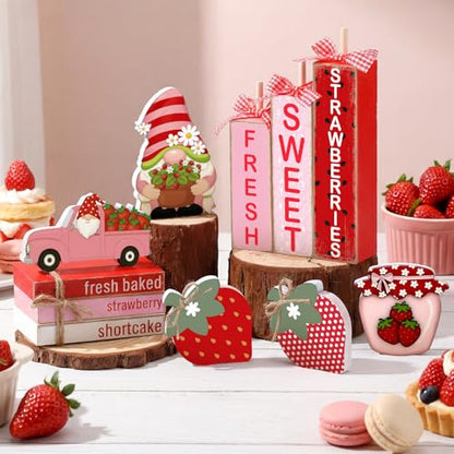 11 Pcs Strawberry Table Decorations Set Strawberry Tiered Tray Decor Spring Summer Wooden Top Farmhouse Rustic Wooden Coffee Table Centerpieces for Home Kitchen Office Decorations - style: Strawberry