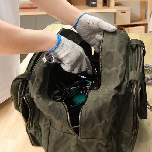 Tool Tote | Heavy Duty 16oz Waxed Canvas Tool Storage Bag - Portable 3 Pockets Tote Bag with Padded Handle& Metal Zipper, for Craftsman Gardener Carpenter Mechanic | 15.5"L x 7.5"W x 11.5"H - color: ArmyGreen