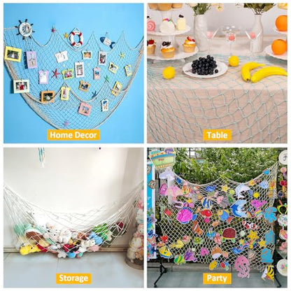 2 Pcs Fish Net Decorations, 39x78 Inch Cotton Nautical Themed Fishing Net, Wall Hanging Photo Display Fishnet for Coastal Bedroom Bathroom, Pirate Hawaiian Beach Under The Sea Party Decor, Sea Blue