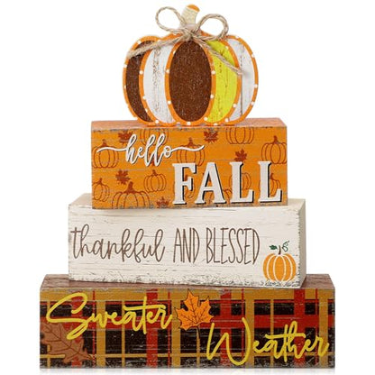 4 Pcs Thanksgiving Decorations Fall Wooden Sign Pumpkin Tiered Tray Decor Hello Fall Table Centerpiece Wood Blocks Table Top Sign for Home - style: Pumpkin