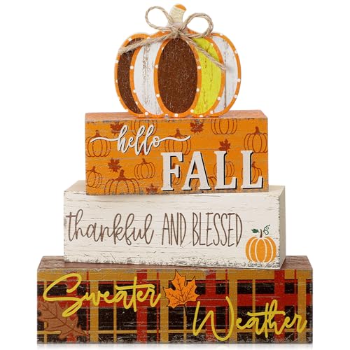 4 Pcs Thanksgiving Decorations Fall Wooden Sign Pumpkin Tiered Tray Decor Hello Fall Table Centerpiece Wood Blocks Table Top Sign for Home - style: Pumpkin