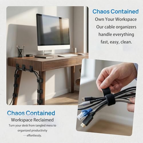 Under Desk Cable Management Ties, 15 Pack | Adjustable Hook and Loop Cord Organizer, Low Profile Wire Hider System
