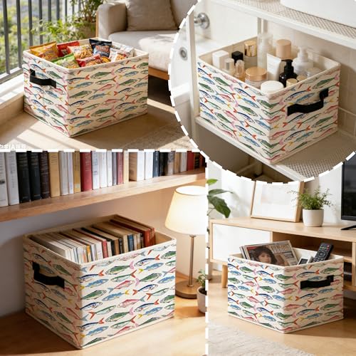 Colorful Fish Coastal Beach Storage Bins Box with Handles, Nautical Ocean Seafood Sardines Fish Foldable Basket Toybox for Kids Nursery Bedroom Bathroom Home Clothes Toys Books