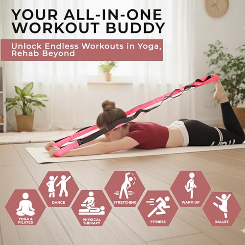 TAVIEW Yoga Strap for Stretching – Stretch Band with 12 Loops –Multi-Grip Pilates Hamstring Stretcher Belt – Physical Therapy Equipment for Best Flexibility - color: Pink & Black