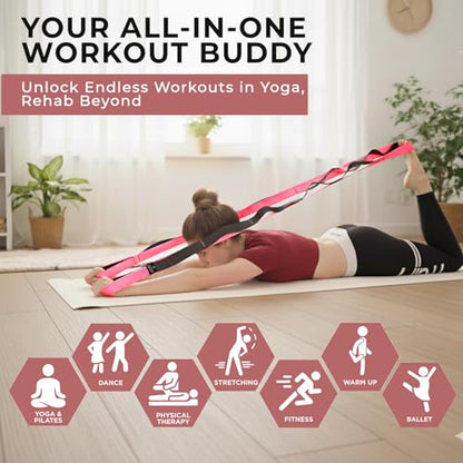 TAVIEW Yoga Strap for Stretching – Stretch Band with 12 Loops –Multi-Grip Pilates Hamstring Stretcher Belt – Physical Therapy Equipment for Best Flexibility - color: Pink & Black