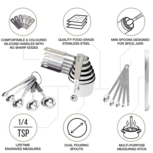22-Piece Stainless Steel Measuring Cups and Spoons Set, Tad Dash Pinch Smidgen Drop Mini Measuring Spoons, Measuring Stick Leveler, Measurement Conversion Chart Fridge Magnet, (Charcoal) - color: Charcoal
