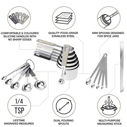22-Piece Stainless Steel Measuring Cups and Spoons Set, Tad Dash Pinch Smidgen Drop Mini Measuring Spoons, Measuring Stick Leveler, Measurement Conversion Chart Fridge Magnet, (Charcoal) - color: Charcoal
