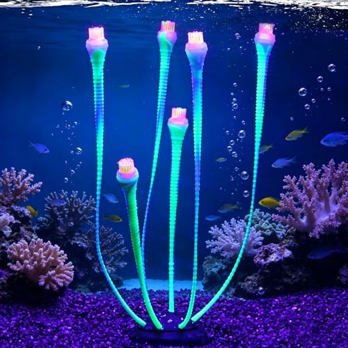 Aquarium Coral Plant Ornaments with Glowing Effect, Silicone UV Reactive Fish Tank Decorations, Soft Artificial Aquarium Plants Safe for Freshwater & Saltwater Fish Tank (Green)
