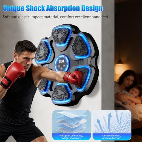 Leann L!fe Music Boxing Machine, Bluetooth Wall Mounted Boxing Trainer for Adults & Teens, Strong Adhesive Mount (No Drill), 11 Modes & 9 Speeds, 2 Pairs of Boxing Gloves & Reflex Ball, Blue Light - color: Black-Blue Light