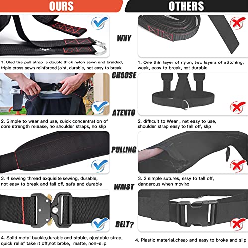 ATENTO Sled Pulling Belt, Adjustable Closure Sled Training Waist Belt,Weight Sled Pull Belt for Tire or Sled Pulling, Squat,Leg Muscles Strength Training, Agility, Resistance Training, Core Power Workout, Belt for Pulling with 2 Pulling Straps & 4 Hooks I