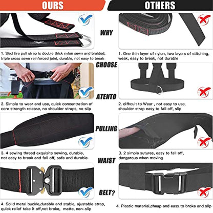 ATENTO Sled Pulling Belt, Adjustable Closure Sled Training Waist Belt,Weight Sled Pull Belt for Tire or Sled Pulling, Squat,Leg Muscles Strength Training, Agility, Resistance Training, Core Power Workout, Belt for Pulling with 2 Pulling Straps & 4 Hooks I