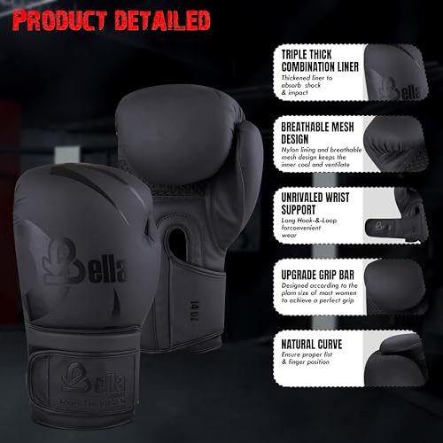 Bella Boxing Gloves - Pro Training & Sparring Gloves, Maya Hide Leather, Men Women Adult, Muay Thai MMA Kickboxing Workout, Heavy Punching Bag & Focus Mitts, Multi Layer Padding, Ventilated Palm - color: Black, size: 10oz