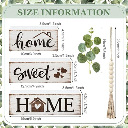 5 Pcs Farmhouse Wooden Table Decor Rustic Tiered Tray Decor Neutral Block Sign Centerpiece with Bead Garland Faux Eucalyptus Leaves for Home Sweet Kitchen Entryway Living Room Shelves