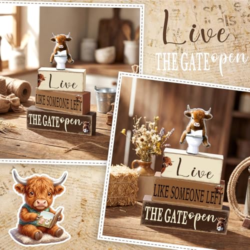 4 Pcs Highland Cow Bathroom Decorations Bathroom Wooden Table Centerpiece Blocks Highland Cow Tiered Tray Decor Live Like Someone Left The Gate Open Sign for Indoor Home Desk Room Shelf Decor - style: Highland Cow