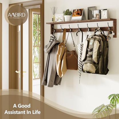 AMBIRD Coat Rack Wall Mount, 35 Inch Extra Long Wall Hooks with Hanging, Wooden Shelf with 7 Metal Hooks 2 Side Hooks, Wall Key Holder with Shelf in Entryway, Kitchen, Bathroom, Living Room, Bedroom - color: Brown, size: 7+2 Hooks 35" L