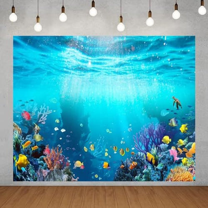Under The Sea Backdrop 10x8ft Seabed Underwater World Ocean Mermaid Birthday Party Banner Decorations Turtles Fish Coral Photography Background Aquarium Backdrops