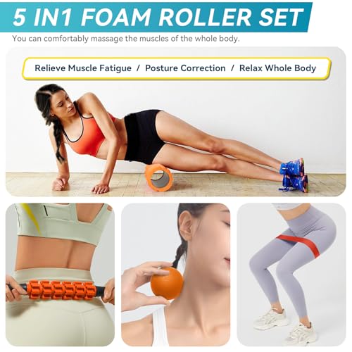 Krightlink 5 in 1 Foam Roller Set Trigger Point Exercise Foam Roller | Deep Tissue Muscle Massage Fitness Foam Roller, Massage Roller, Massage Ball, Stretching Strap, for Whole Body Orange - color: Orange Black