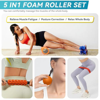 Krightlink 5 in 1 Foam Roller Set Trigger Point Exercise Foam Roller | Deep Tissue Muscle Massage Fitness Foam Roller, Massage Roller, Massage Ball, Stretching Strap, for Whole Body Orange - color: Orange Black