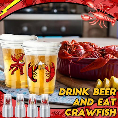 Domensi 50 Pack 12oz Crawfish Boil Plastic Cups with Straws, Disposable Seafood Party Supplies for Lobster Feast, Cajun Style Birthday Table Decorations, Bulk Low Country Picnic Drinkware Favors