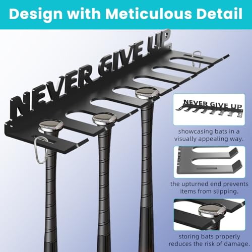Baseball Bat Holder Wall Mount Softball Storage Hooks Metal Rack Hanger Fence on Wall Home and Field for Display Heavy Duty Steel Organizer Hanging Sports Equipment Holds 14 Bats Never Give UP - style: Never