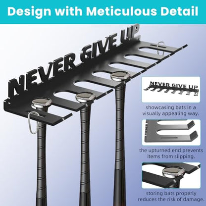 Baseball Bat Holder Wall Mount Softball Storage Hooks Metal Rack Hanger Fence on Wall Home and Field for Display Heavy Duty Steel Organizer Hanging Sports Equipment Holds 14 Bats Never Give UP - style: Never
