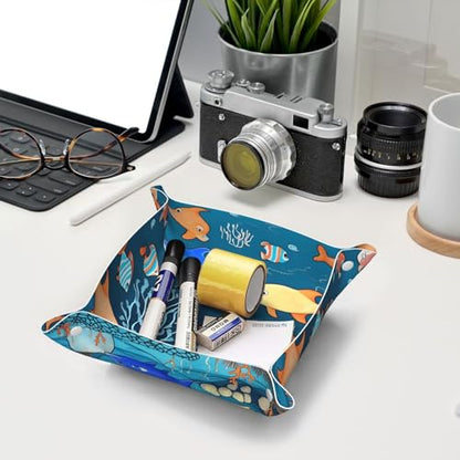 Medium Blue Underwater World of Fish Leather Storage Tray - Double Sided PVC Tray Organizer for Keys, Jewelry, Desk & Vanity with Snap Closure