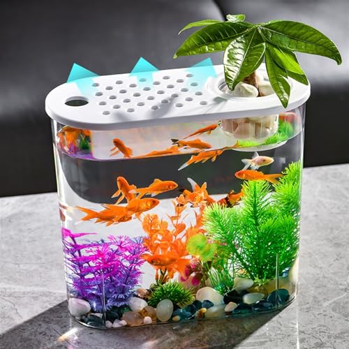Jingzai202405 Aquariums Fish Bowl Transparent Acrylic Fish Tank with Breathable Lid and Easy to Move Carrying Handle Living Room Office Desktop Decorative Fish Tank Planter Fish Tanks(White) - color: White