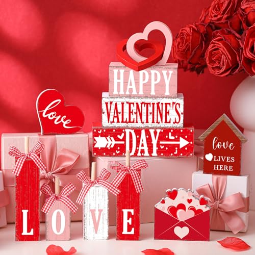 11 Pcs Valentine's Day Table Decorations Red Heart Tiered Tray Decor Love Centerpiece Pink Wooden Books Home Table Top Decor for Wedding Party Supplies - style: Love
