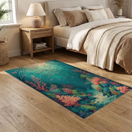 5'x7' Washable Beachy Fish Area Rug, Teal Non-Shedding Pet Friendly Carpet Easy Care Kids Safe Mat for Small Living Room, Playroom, Bedroom | Ref:2139107