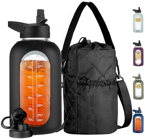 CIVAGO 64 oz Glass Water Bottle with Straw and Insulated Bottle Holder | Half Gallon Motivational Water Jug with Time Marker and Silicone Sleeve, Large Leakproof Water Flask with 2 Lids, Black - color: Black, size: 64 Ounces