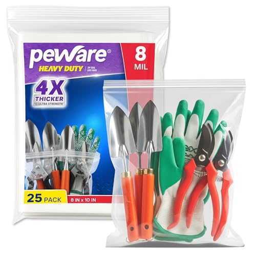 8 Mil Heavy Duty Zip Seal Lock Bags, 8"x10" 25 Pack, Quart Storage Bags | Waterproof Reusable Clear Plastic Baggies with Resealable Zipper for Sandwich, Freezer, Tools, Hardware, Industrial Parts - size: 8"x10"