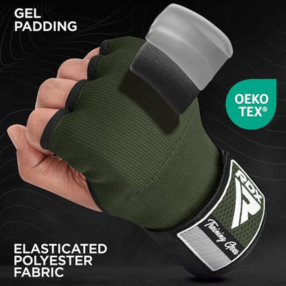 RDX Gel Boxing Hand Wraps Inner Gloves Men Women, Quick 100cm Long Wrist Straps, Elasticated Padded Fist Under Mitts Protection, Muay Thai MMA Kickboxing Martial Arts - color: Army Green, size: Medium