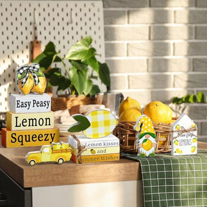 11 Pcs Lemon Table Decorations Set Lemon Tiered Tray Decor Summer Wooden Top Farmhouse Rustic Wooden Coffee Table Centerpieces for Home Kitchen Office Decorations - style: Lemon