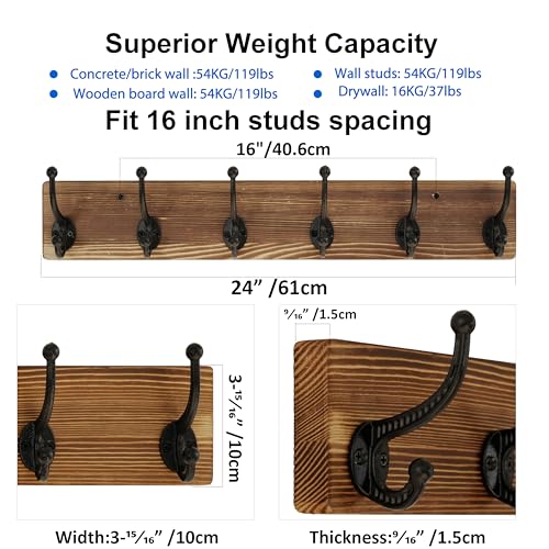 WEBI Rustic Coat Rack Wall Mount,24" Long 6 Cast Iron Coat Hooks Wall Mounted,Heavy Duty Wood Wall Coat Hanger Hooks for Hanging Coats,Jacket,Clothes,Backpack,Farmhouse,Brown,2 Packs - color: Brown, size: 24 Inch(2 Packs)