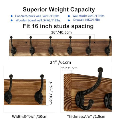 WEBI Rustic Coat Rack Wall Mount,24" Long 6 Cast Iron Coat Hooks Wall Mounted,Heavy Duty Wood Wall Coat Hanger Hooks for Hanging Coats,Jacket,Clothes,Backpack,Farmhouse,Brown,2 Packs - color: Brown, size: 24 Inch(2 Packs)
