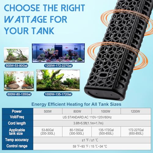 AQQA 1200W Aquarium Heater for 172-227 Gallon, Dual Quartz Submersible Fish Tank Heater with Digital Controller, 59-93°F Adjustable Temp, Dry Burn & Overheat Protection – for Freshwater & Saltwater - size: 1200W for 172 to 227 gallon