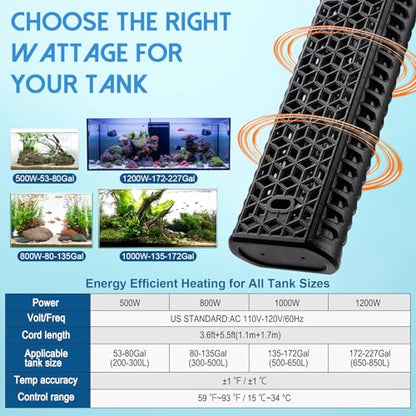 AQQA 1200W Aquarium Heater for 172-227 Gallon, Dual Quartz Submersible Fish Tank Heater with Digital Controller, 59-93°F Adjustable Temp, Dry Burn & Overheat Protection – for Freshwater & Saltwater - size: 1200W for 172 to 227 gallon