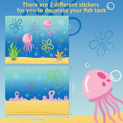 Fish Tank Jellyfish Sticker Decor - 2PCS 16.14 x 12.2 Inches Under the Sea Aquarium Background Stickers Decoration, Removable PVC Cartoon Underwater Beach Fish Tank Terrarium Background Decor S