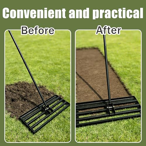Lawn Leveling Rake, 48" Stainless Steel Head, Ergonomic Bent Handle, Level Soil & Sand, 6ft Long Handle for Yard, Garden, Sports Field - size: 48"x10"