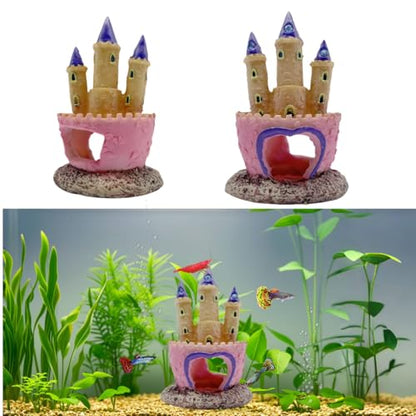 Small Cartoon Aquarium Castle Decor, Mini Cute Pink Castle Hide Cave Hideouts for Small Fishes Shrimp Crab Fish Larvaes Cichlid, Princess Style Castles Statue Birthday Party Table Decor - 11 x 8 cm