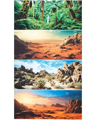 4 Pcs 48 x 24 Inch Reptile Habitat Background with Nano Glue Gobi Sun Cactus Stone and Green Tree Fern Stream Terrarium Background Polyester Durable Aquarium Accessories - color: Style1, size: 24 x 48 Inch