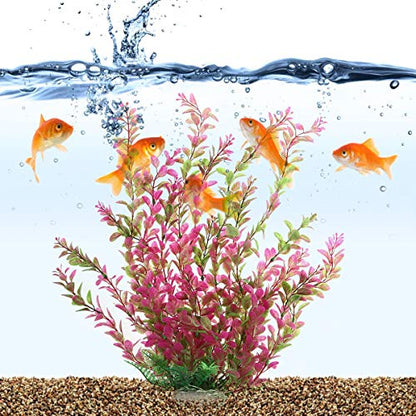 18 Inch Artificial Aquarium Plants, Red Rhodo Plastic Fish Tank Decorations, Safe for Freshwater & Saltwater, Non-Toxic Stone Base Ornament for Betta Fish Tank
