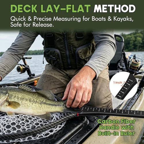 Riverruns Fly Fishing Landing Net Carbon Fiber Trout Net with Measurement Handle, Soft Rubber Mesh - 26" Standard (Wading) / 37" Long (Kayak) - color: 37" Kayak Net (Long) - Black Carbon