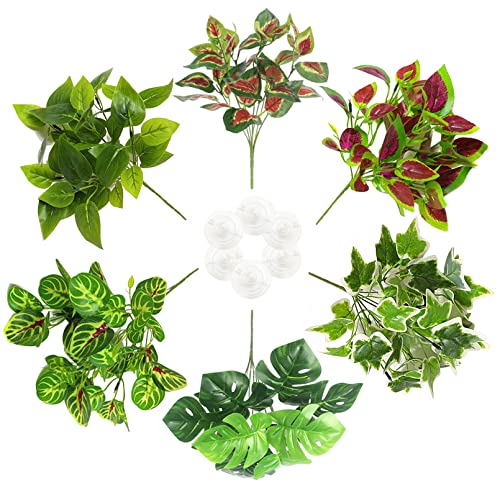 Reptile Terrarium Plants Hanging Artificial Lizards Habitat Climbing Decorations with Suction Cup Pets Tank Fake Green Plastic Ornament for Amphibians Bearded Dragons 6PCS…