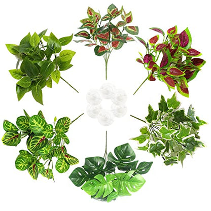 Reptile Terrarium Plants Hanging Artificial Lizards Habitat Climbing Decorations with Suction Cup Pets Tank Fake Green Plastic Ornament for Amphibians Bearded Dragons 6PCS…