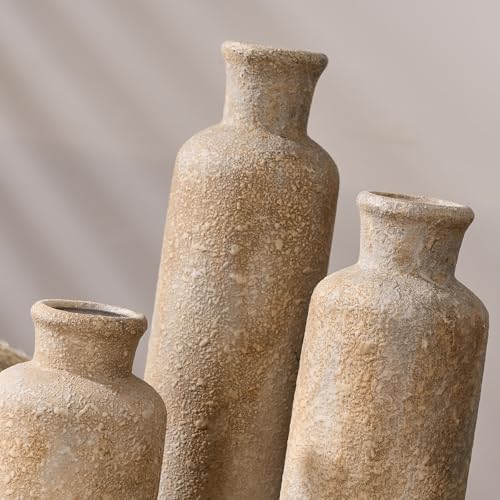 Ceramic Rustic Farmhouse Vase Set of 3,Terracotta Vases for Decor,Antique Vase for Your Bedroom,Office,Living Room,Fireplace,Bookshelf Decor,Housewarming (10+7.5+5 Inch)