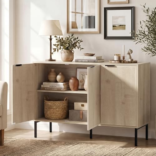 Modern Buffet Sideboard Cabinet with Storage, Fluted Coffee Bar with 3 Doors and Adjustable Shelves, Wood Console Cabinet for Dining Room, Kitchen, Living Room, Entryway
